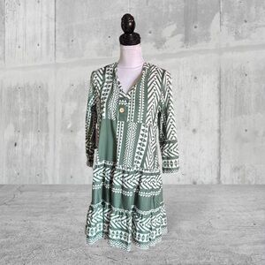 Mislook Green white long sleeve tunic shift midi dress aztec tribal